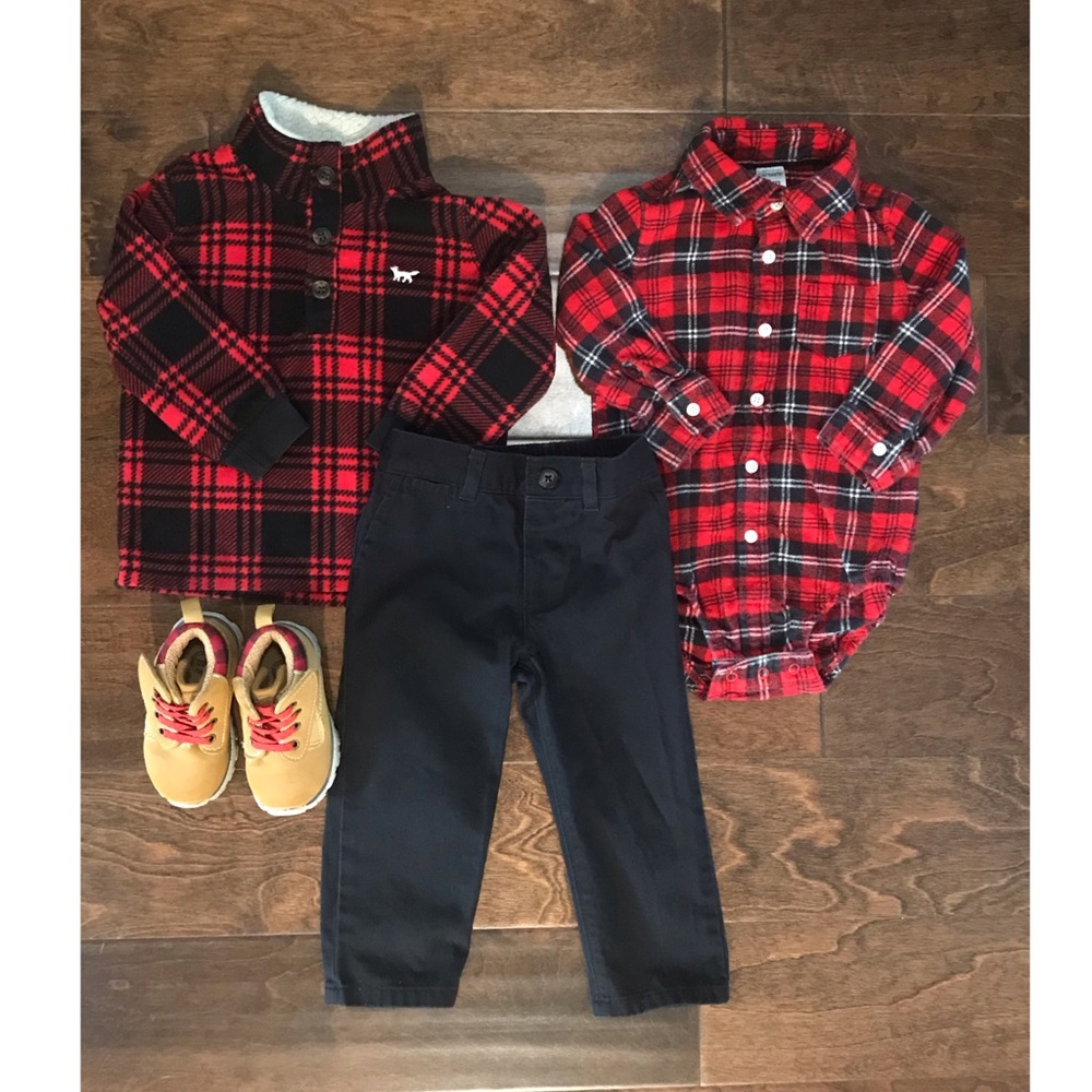 4 pc set, Sweatshirt, Flannel Shirt, Pants & Boots